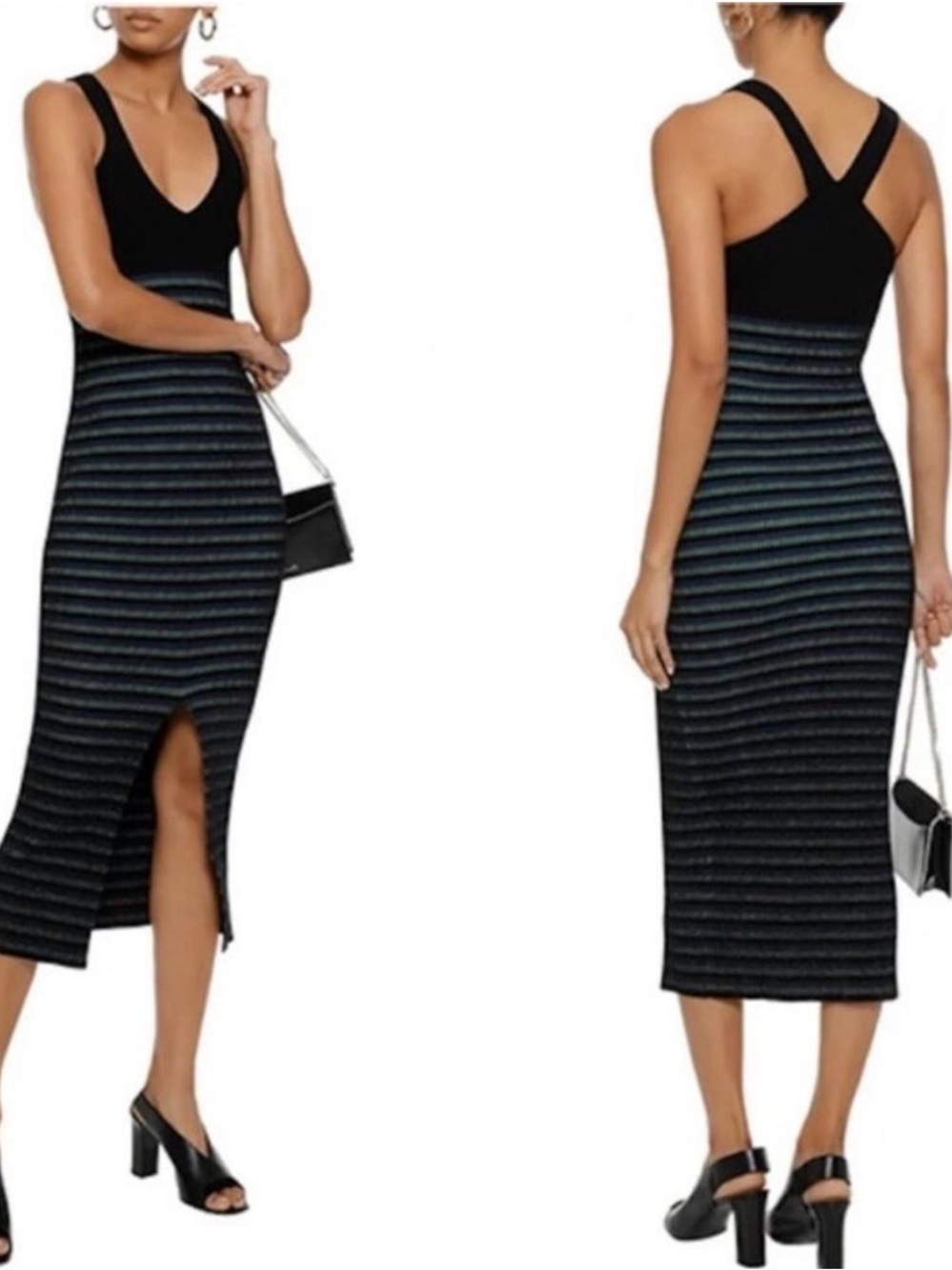 NWT Opening Ceremony Black Striped Knit Midi Dress with Front Slit